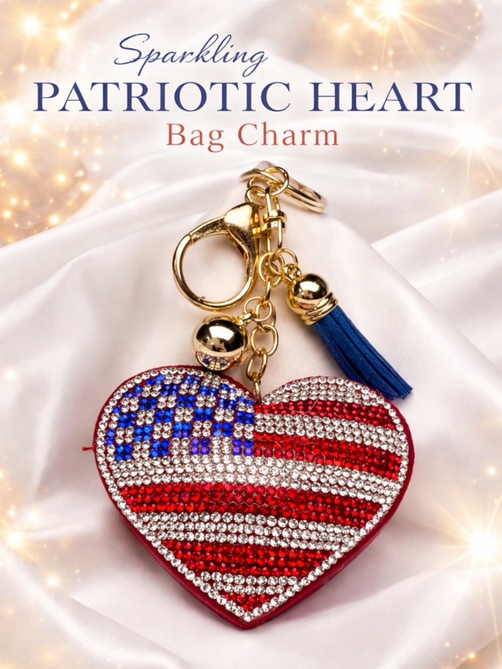 Sparkling Patriotic Heart Keychain Bag Charm and Card Holder - Red, White & Blue